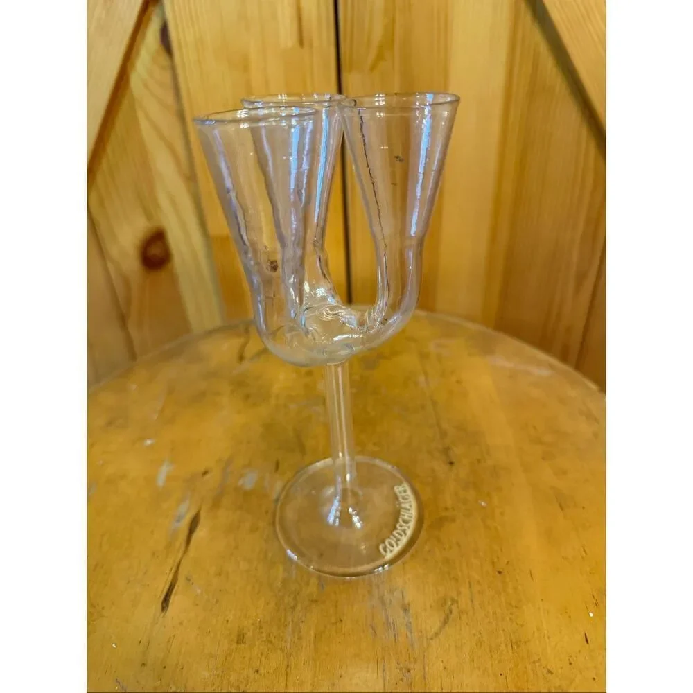 VINTAGE GOLDSCHLAGER TRIPLE FLUTE TRIO LONG STEMMED CORDIAL GLASS GERMANY (7504)